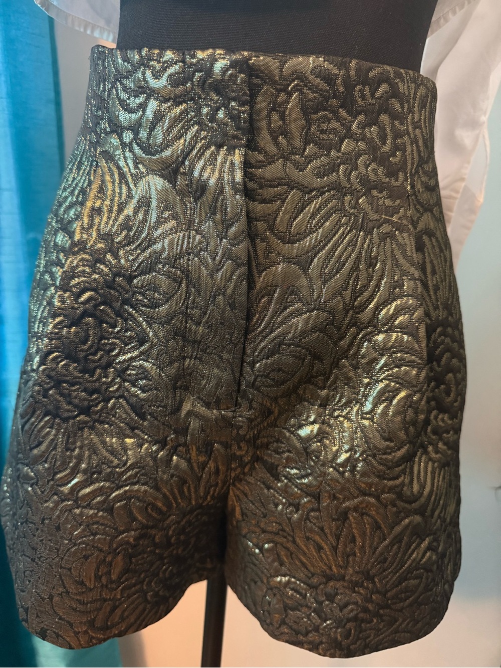 Zara Black with Gold Sheen High-Waist Floral Jacquard Shorts